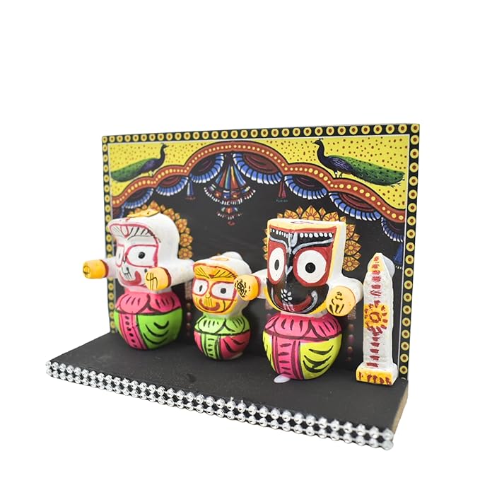 Shree Jagannath, Balabhadra, Subhadra & Sudarshan Idol Set with Wooden Stand – Traditional Puri Style Multicolour Showpiece