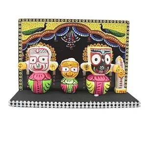 Shree Jagannath, Balabhadra, Subhadra & Sudarshan Idol Set with Wooden Stand – Traditional Puri Style Multicolour Showpiece