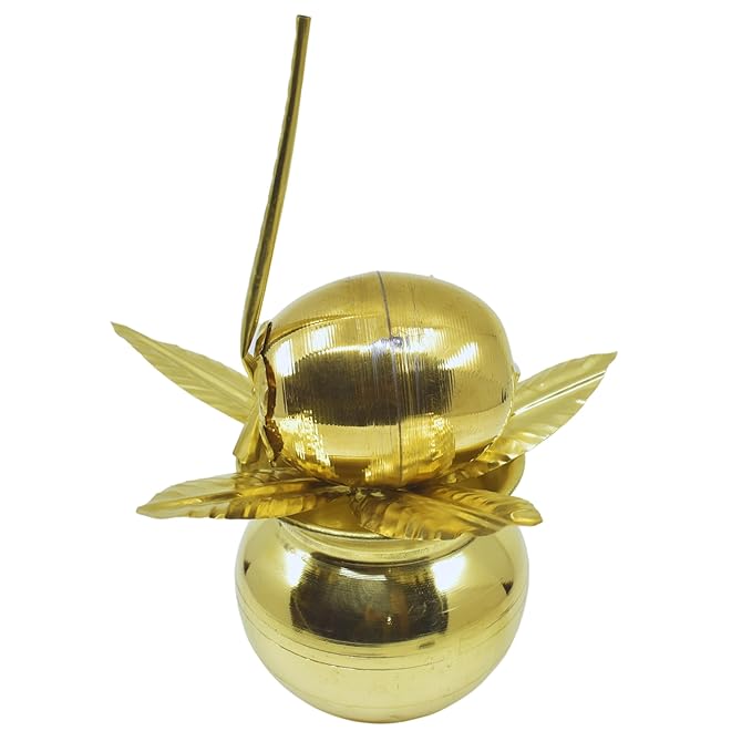 4.5Inch Brass Mangal Kalash Intricate Coconut and Mango Leaf, 3 Piece