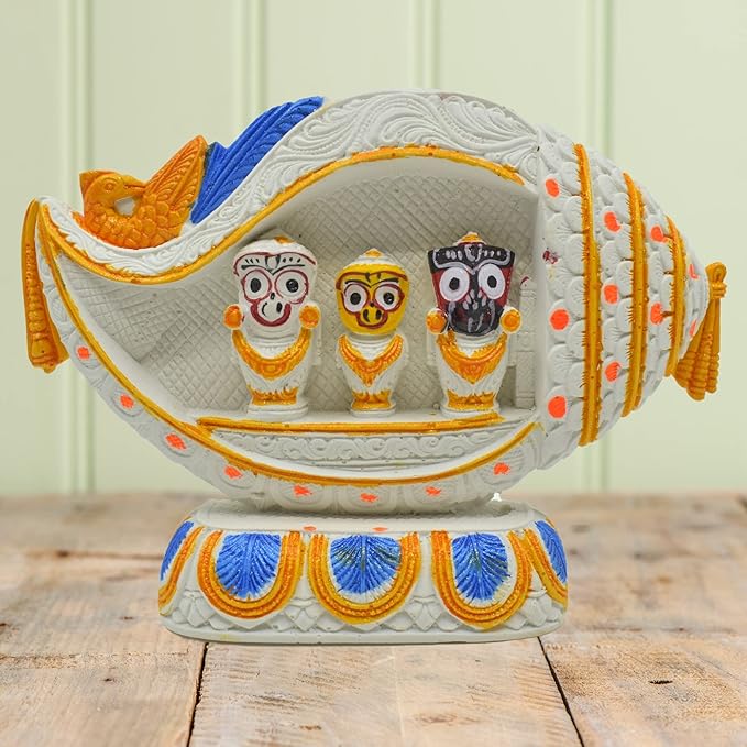 Jagannath Balabhadra and Shubhdra Marble Dust Idol/Murti for Car Dashboard, Home Décor,9.5Cm,1 Pc,White