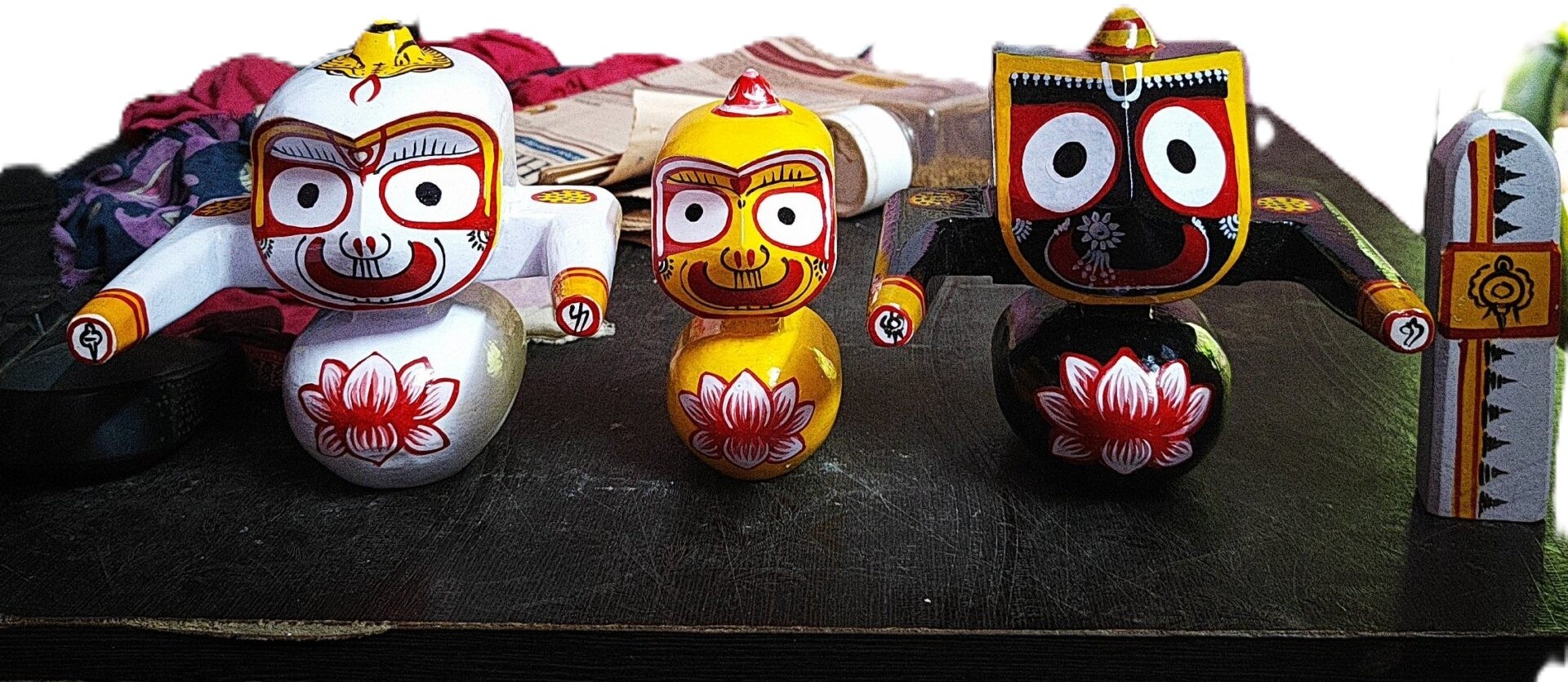 Jagannath Krupa Shree Lord Jagannath Balaram and Subhadra Maa Neem Wood Idol 5-Inch (White Black Yellow)